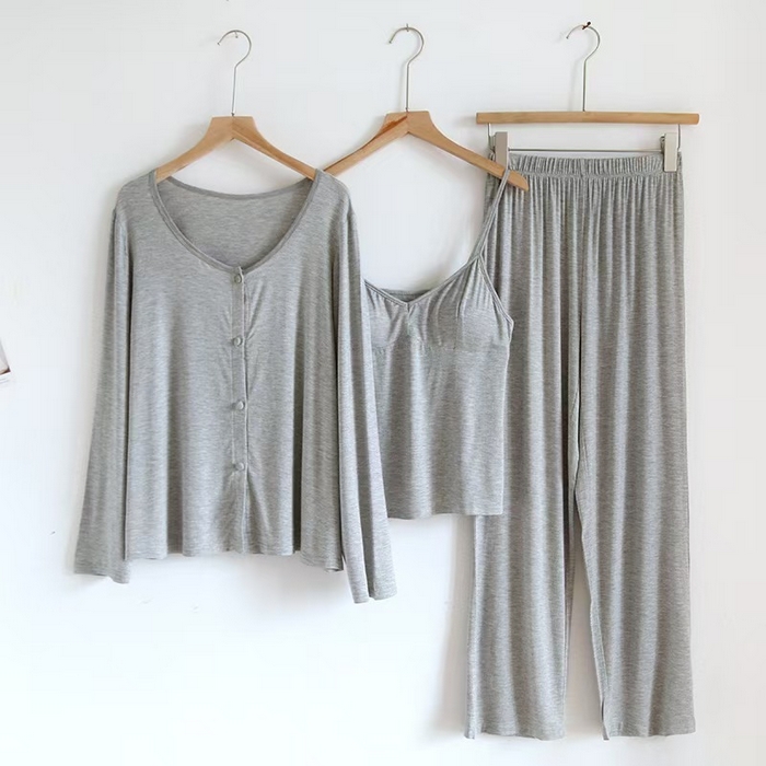 91家纺网 家纺一手货源 找家纺 洛兰沙家居馆【只代发】【只代发】 2025新款外贸欧美风淑女风莫代尔睡衣女春夏秋开衫短袖吊带三件套长裤家居服 三件套灰色