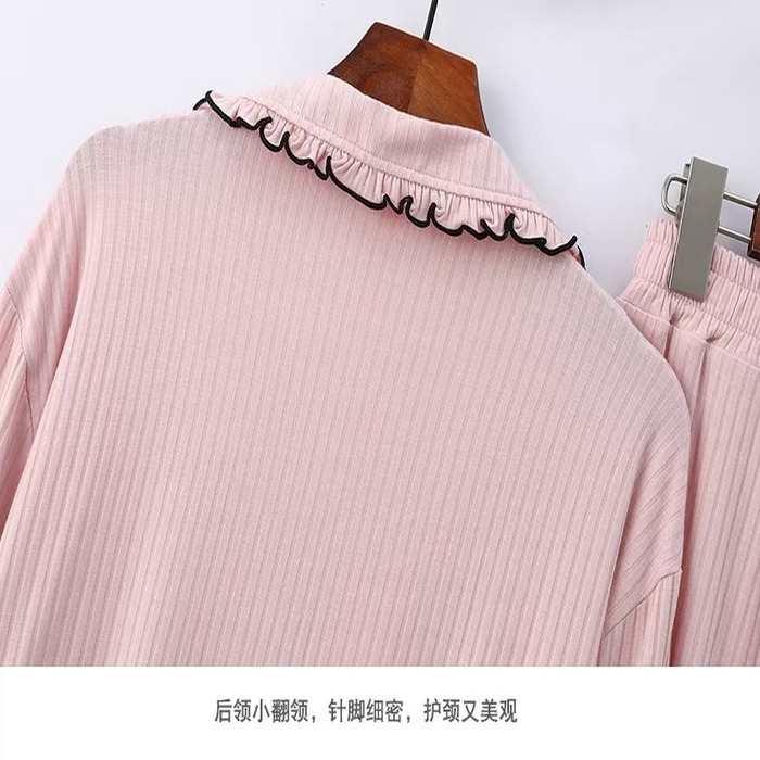 91家纺网 家纺一手货源 找家纺 （总）洛兰沙家居馆【只代发】【只代发】2025新款外贸欧美风8*5宽坑条莫代尔睡衣女春夏秋开衫翻领长袖长裤家居服