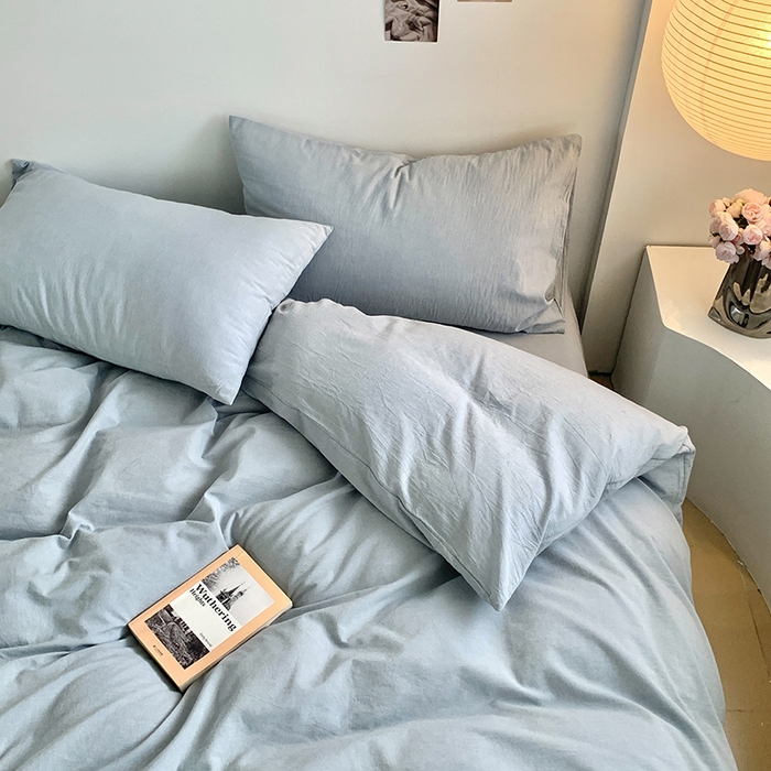 91家纺网 家纺一手货源 找家纺 水洗的故事 2025新款色织水洗棉多巴胺纯色款四件套 浅蓝素色