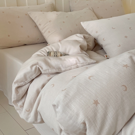 91家纺网 家纺一手货源 找家纺 2025【A类全棉皱皱纱四件套】全棉双层纱四件套A类皱皱纱提花床品件套母婴星月亮