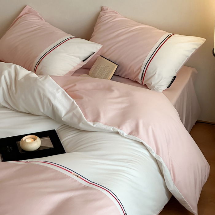 91家纺网 家纺一手货源 找家纺 2025【A类全棉绣花四件套】布朗款日式无印A类拼接四件套良品全棉床品件套纯色纯棉高端绣花四件套