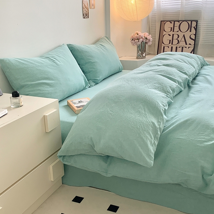 91家纺网 家纺一手货源 找家纺 水洗的故事 2025新款色织水洗棉多巴胺纯色款四件套 湖绿