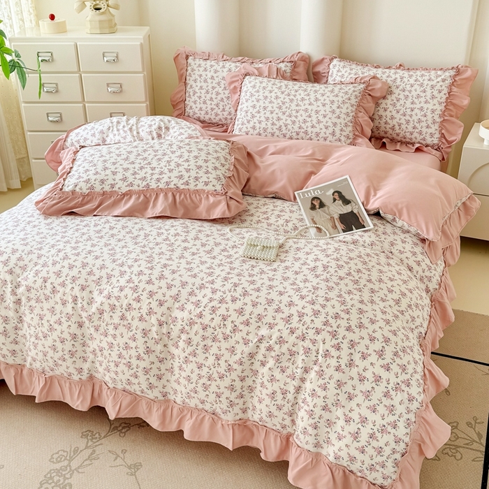 91家纺网 家纺一手货源 找家纺 金米诺 2025新款韩版有氧针织棉双层纱四件套 花境