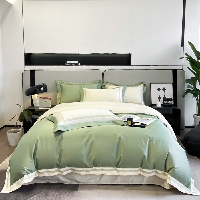 91家纺网 家纺一手货源 找家纺 桃园 2025新款纯棉全棉长绒棉刺绣绣花高端礼盒四件套-莱卡 莱卡牛油果绿