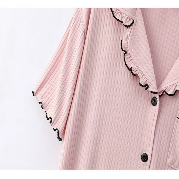 91家纺网 家纺一手货源 找家纺 （总）洛兰沙家居馆【只代发】【只代发】 2025新款外贸欧美风8*5宽坑条莫代尔睡衣女春夏秋开衫翻领短袖长裤家居服