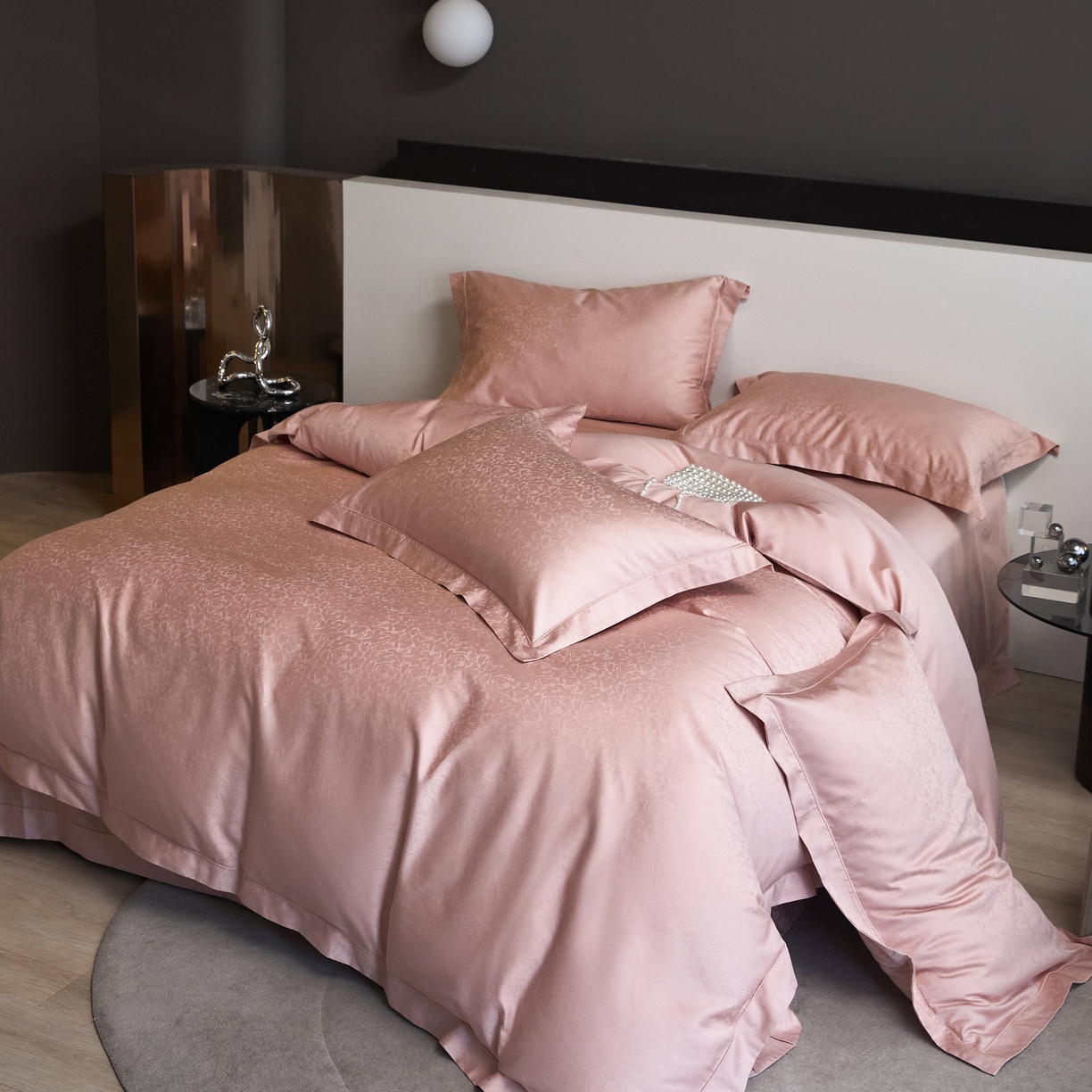 91家纺网 家纺一手货源 找家纺 榻尚家居 2025春夏新款长绒棉全棉纯棉贡缎提花手工立体埋绳工艺四件套 春柔似锦（粉玉）