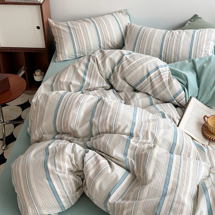 91家纺网 家纺一手货源 找家纺 水洗的故事2025新款A类AB版全棉色织水洗棉四件套 参青-绿