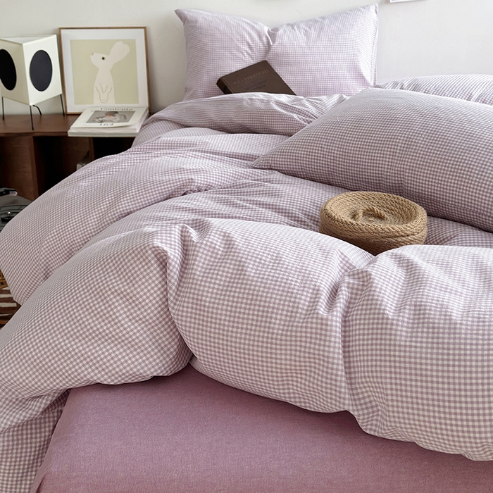 91家纺网 家纺一手货源 找家纺 水洗的故事 2025新款无印良品水洗棉四件套 小小格紫