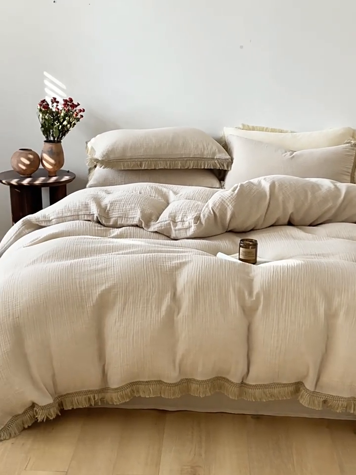 91家纺网 家纺一手货源 找家纺 2025【A类纯棉皱皱纱流苏四件套】日式无印全棉双层纱皱皱纱良品流苏款四件套床品被套纯色A类件套
