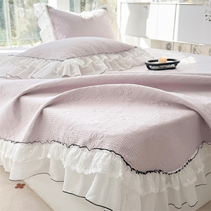 91家纺网 家纺一手货源 找家纺 金喜 2025新款韩版木棉纯色床盖双层蕾丝边夹棉床盖-星梦系列 星梦-芋泥