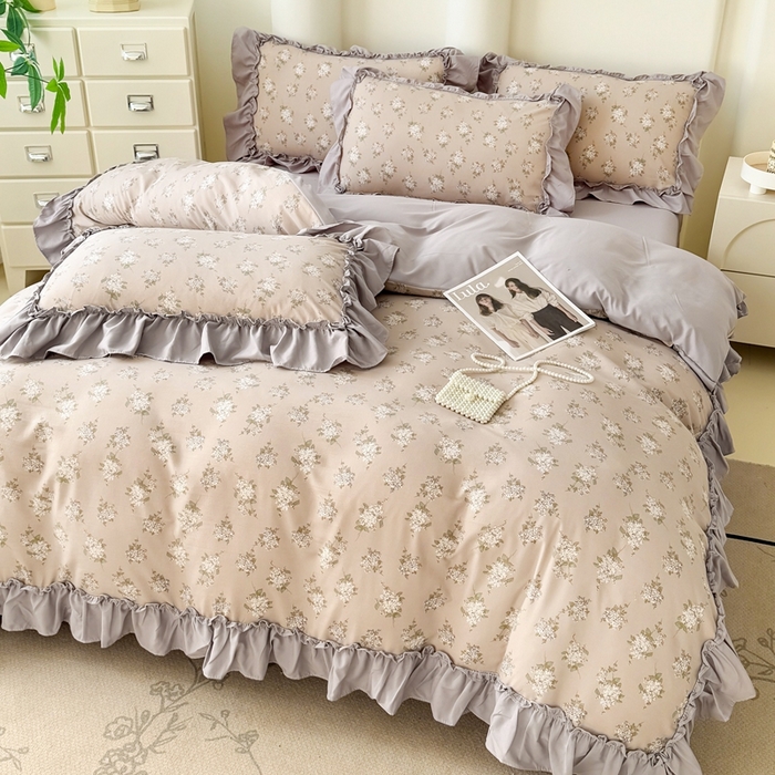 91家纺网 家纺一手货源 找家纺 金米诺 2025新款韩版有氧针织棉双层纱四件套 森语