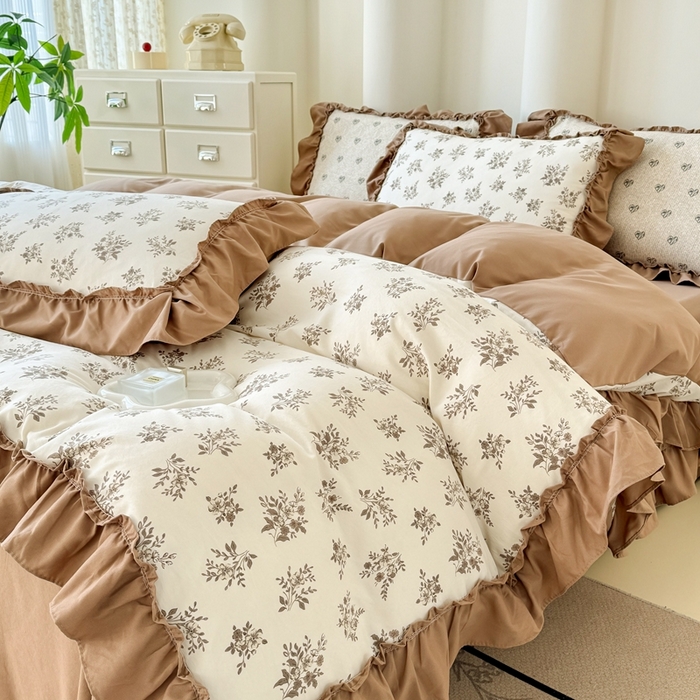 91家纺网 家纺一手货源 找家纺 金米诺 2025新款韩版有氧针织棉双层纱四件套 暖日回忆