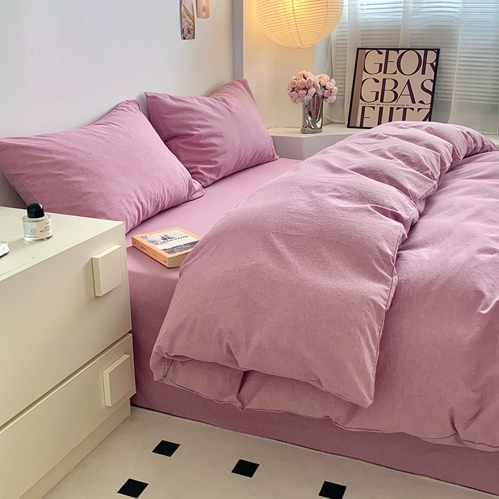 91家纺网 家纺一手货源 找家纺 水洗的故事 2025新款色织水洗棉多巴胺纯色款四件套 丁香紫