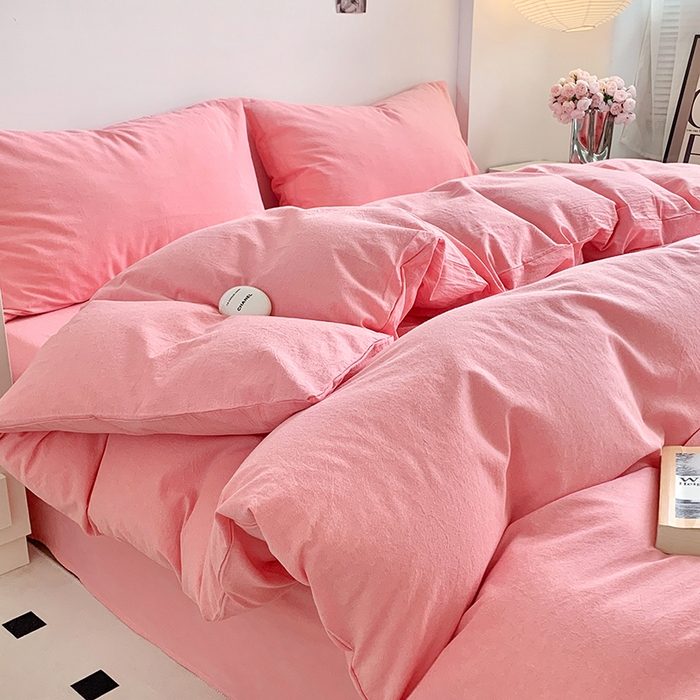 91家纺网 家纺一手货源 找家纺 水洗的故事 2025新款色织水洗棉多巴胺纯色款四件套 嫩粉