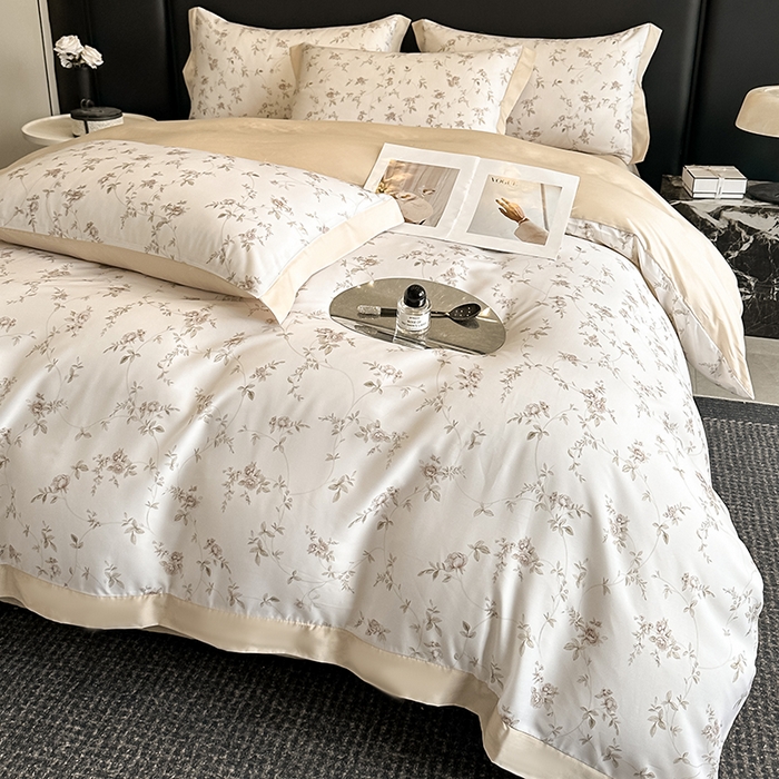 91家纺网 家纺一手货源 找家纺 金阳光家纺 2025新款高级简奢款莱赛尔数码印宽边四件套（带礼盒包装） 云栀咖