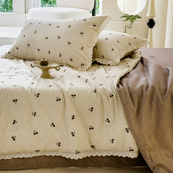 91家纺网 家纺一手货源 找家纺 被窝家纺 2025新款全棉花边大豆夏被四件套 樱姿-米