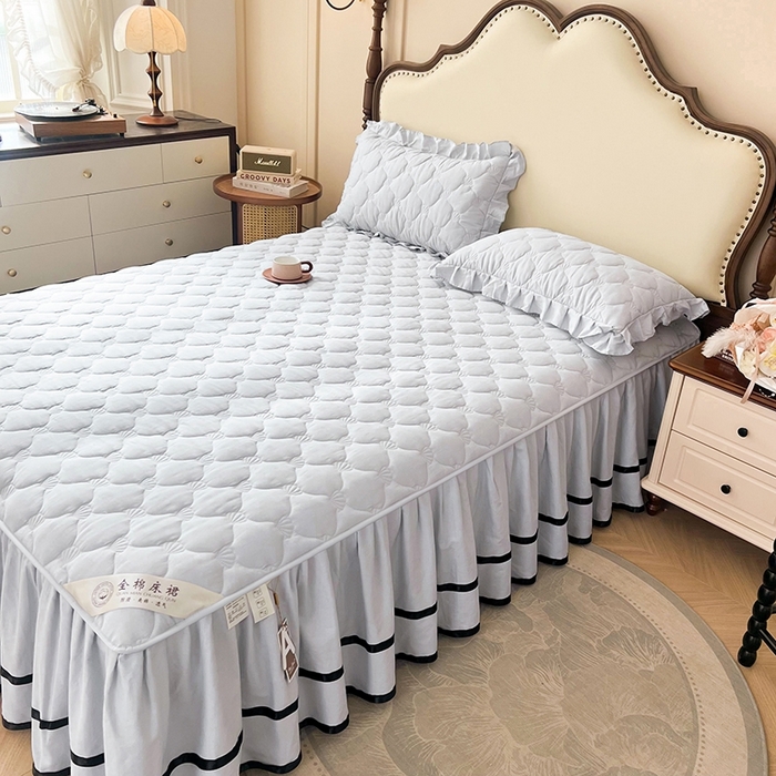 91家纺网 家纺一手货源 找家纺 笠裙2025新款纯棉防水隔尿夹棉加厚床裙-贝壳系列 贝壳冰川灰