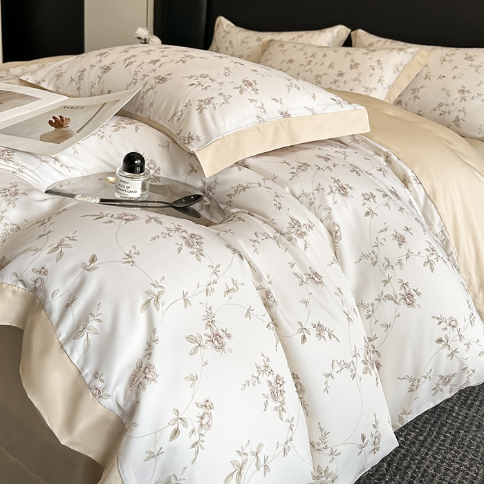 91家纺网 家纺一手货源 找家纺 金阳光家纺 2025新款高级简奢款莱赛尔数码印宽边四件套（带礼盒包装） 云栀咖