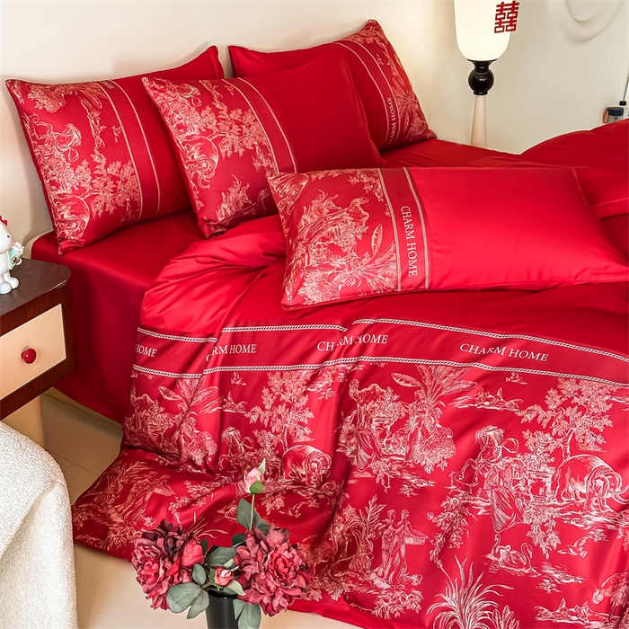 91家纺网 家纺一手货源 找家纺 笙意家纺2025新款水洗冰丝婚庆四件套 心有灵犀