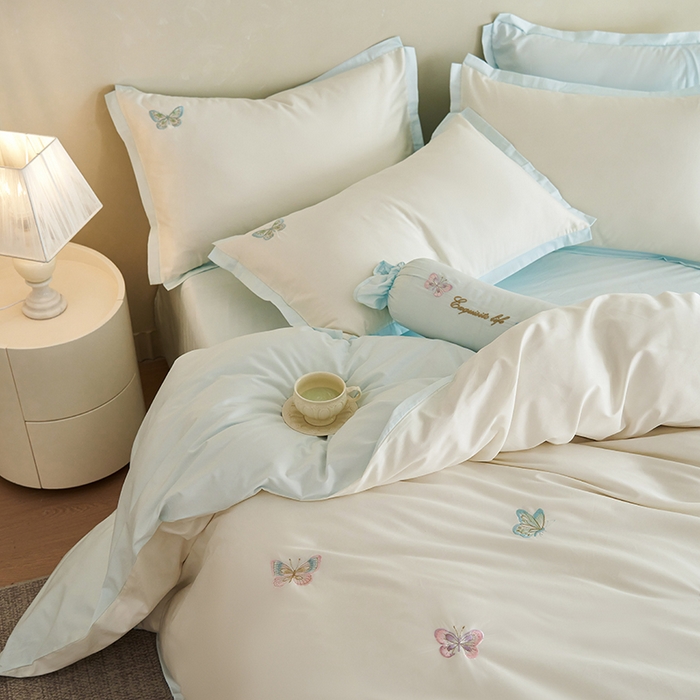 91家纺网 家纺一手货源 找家纺 2025 A类长绒棉刺绣拼角款四件套-悦动 悦动-倾心蓝