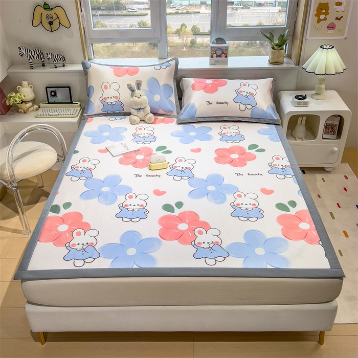 91家纺网 家纺一手货源 找家纺 兄弟坊 2025新款数码小清新印花冰丝席 花园兔子