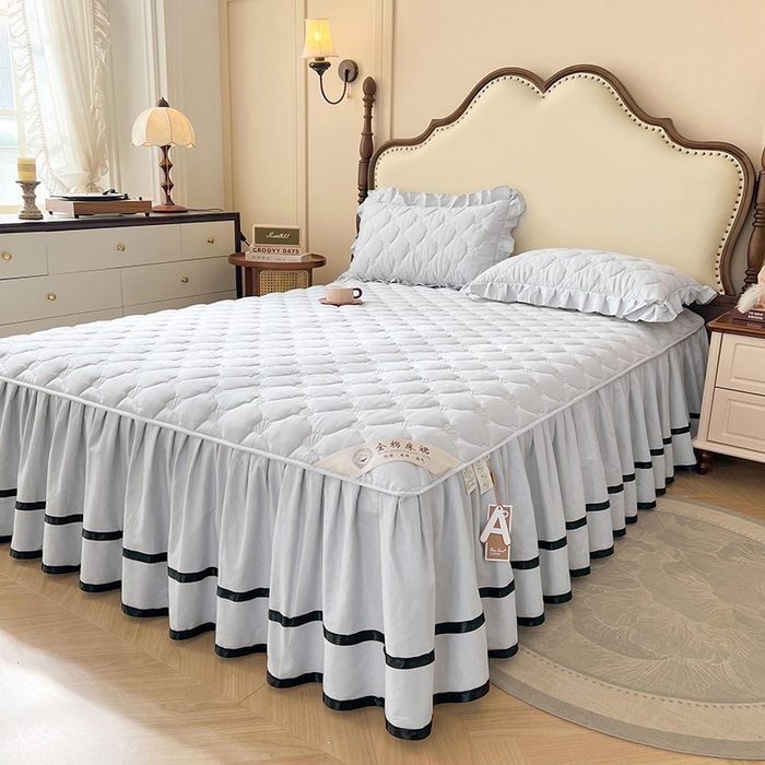 91家纺网 家纺一手货源 找家纺 笠裙2025新款纯棉防水隔尿夹棉加厚床裙-贝壳系列 贝壳冰川灰