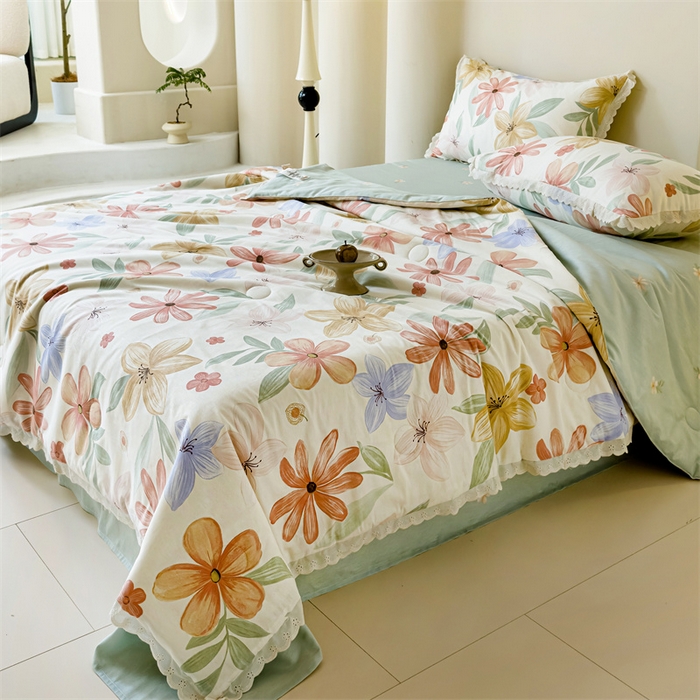 91家纺网 家纺一手货源 找家纺 被窝家纺 2025新款全棉花边大豆夏被四件套 云裳花谷