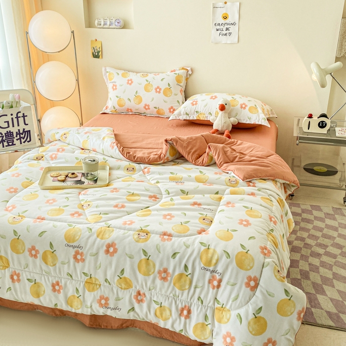 91家纺网 家纺一手货源 找家纺 宜家坊 2025新款水洗棉糯小棉夏被夏被四件套四季被春秋被单人学生双人被子被芯 心想事橙