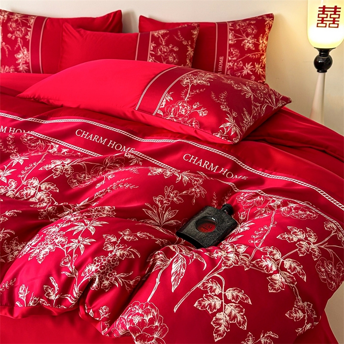 91家纺网 家纺一手货源 找家纺 笙意家纺2025新款水洗冰丝婚庆四件套 花田喜事