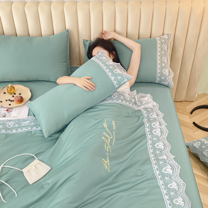 91家纺网 家纺一手货源 找家纺 益多眠 2026新款水洗天丝蕾丝花边夏被四件套轻奢夏被花边夏被-公主风 公主-琉璃绿