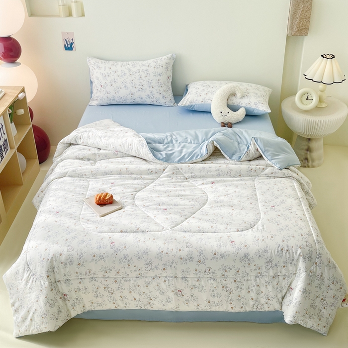 91家纺网 家纺一手货源 找家纺 宜家坊 2025新款水洗棉糯小棉夏被夏被四件套四季被春秋被单人学生双人被子被芯 叶子小兔