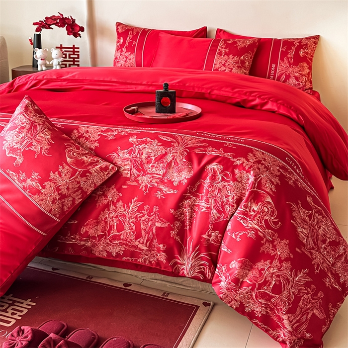 91家纺网 家纺一手货源 找家纺 笙意家纺2025新款水洗冰丝婚庆四件套 心有灵犀