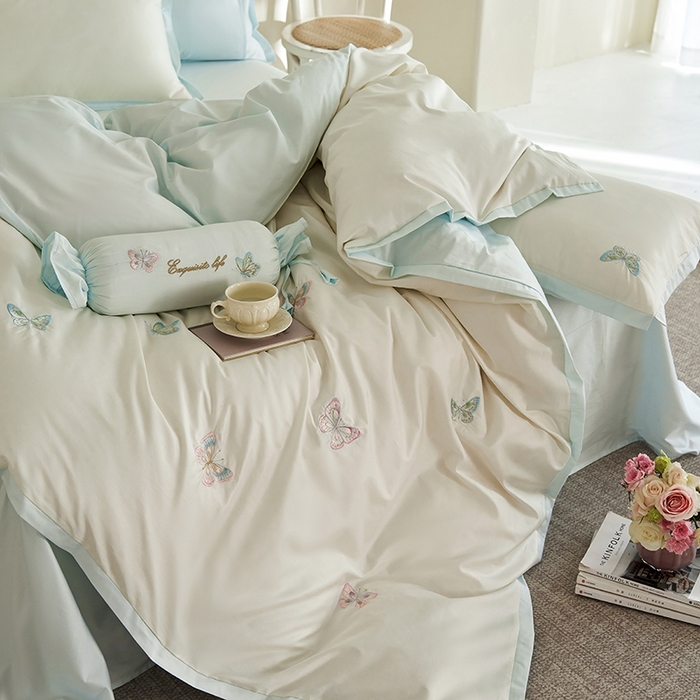 91家纺网 家纺一手货源 找家纺 2025 A类长绒棉刺绣拼角款四件套-悦动 悦动-倾心蓝