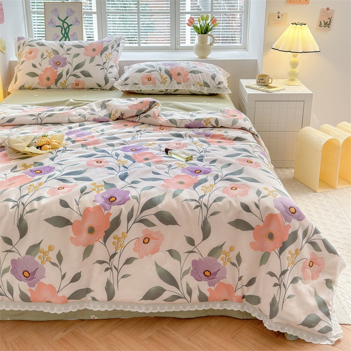 91家纺网 家纺一手货源 找家纺 被窝家纺 2025新款全棉花边大豆夏被四件套 轻纱漫舞