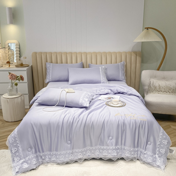 91家纺网 家纺一手货源 找家纺 （总）益多眠 2025新款水洗天丝蕾丝花边夏被四件套轻奢夏被花边夏被-公主风