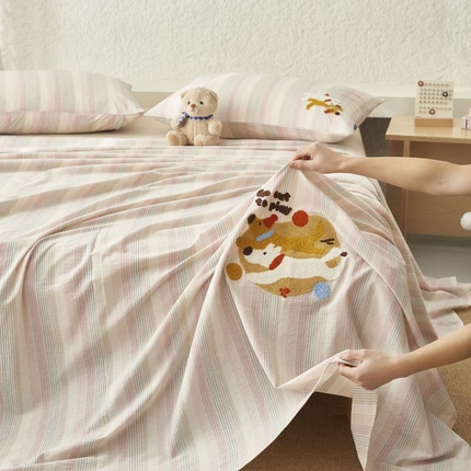 91家纺网 家纺一手货源 找家纺 寐绸家纺 2025新款纯棉色织水洗棉竖条单床单 水洗棉竖条床单-炫彩粉