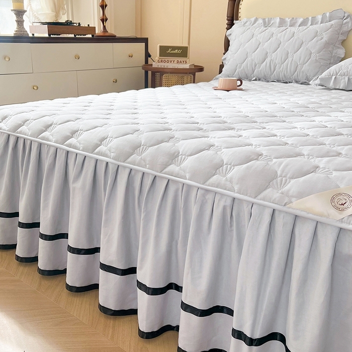 91家纺网 家纺一手货源 找家纺 笠裙2025新款纯棉防水隔尿夹棉加厚床裙-贝壳系列 贝壳冰川灰