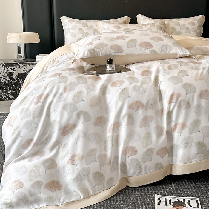 91家纺网 家纺一手货源 找家纺 金阳光家纺 2025新款高级简奢款莱赛尔数码印宽边四件套（带礼盒包装） 林间蜜杏