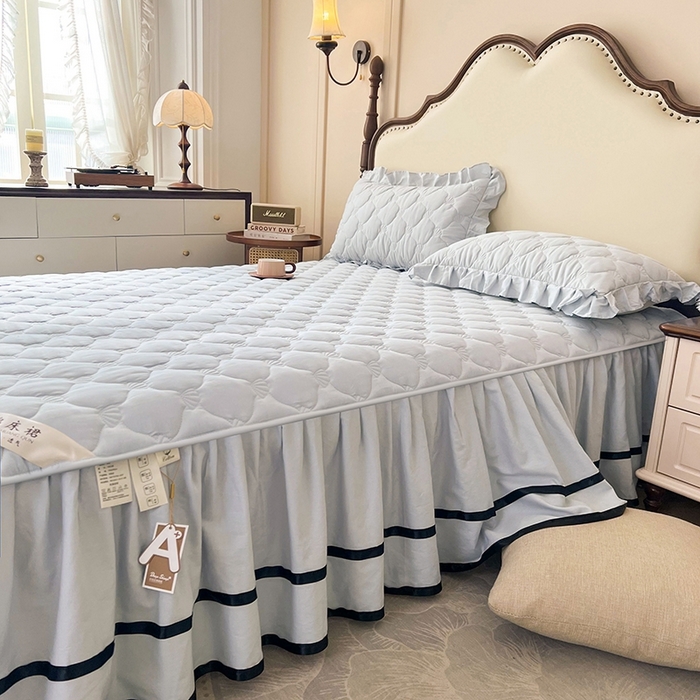 91家纺网 家纺一手货源 找家纺 笠裙2025新款纯棉防水隔尿夹棉加厚床裙-贝壳系列 贝壳冰川灰