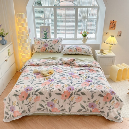 91家纺网 家纺一手货源 找家纺 被窝家纺 2025新款全棉花边大豆夏被四件套 轻纱漫舞