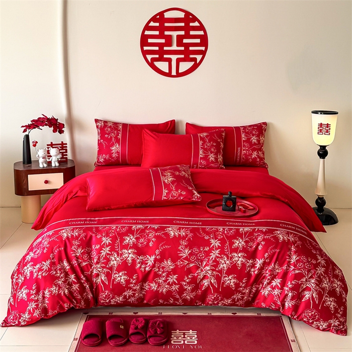 91家纺网 家纺一手货源 找家纺 笙意家纺2025新款水洗冰丝婚庆四件套 花田喜事