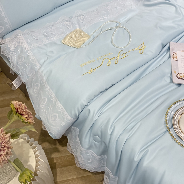91家纺网 家纺一手货源 找家纺 益多眠 2026新款水洗天丝蕾丝花边夏被四件套轻奢夏被花边夏被-公主风 公主-天空蓝