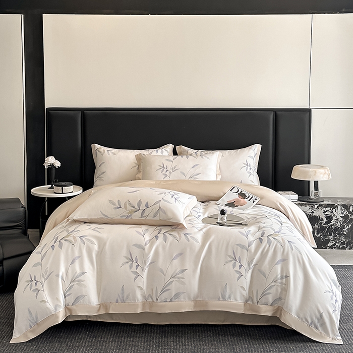 91家纺网 家纺一手货源 找家纺 金阳光家纺 2025新款高级简奢款莱赛尔数码印宽边四件套（带礼盒包装） 春晓雨梦