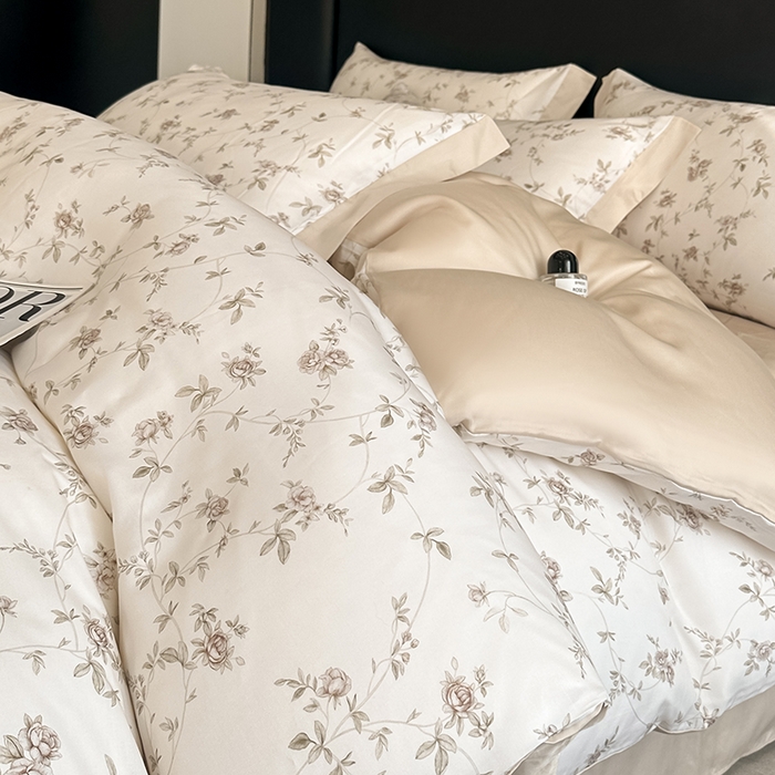 91家纺网 家纺一手货源 找家纺 金阳光家纺 2025新款高级简奢款莱赛尔数码印宽边四件套（带礼盒包装） 云栀咖