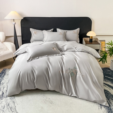 91家纺网 家纺一手货源 找家纺 昊翔家纺 【量大价优】2025新款全棉纯棉长绒棉刺绣绣花四件套【配礼盒提供买家秀】 流韵花语-银灰