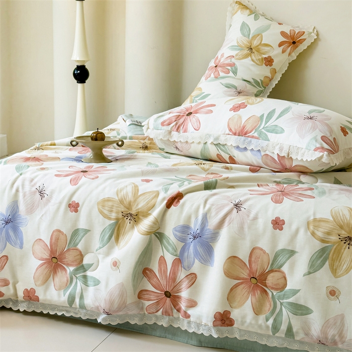 91家纺网 家纺一手货源 找家纺 被窝家纺 2025新款全棉花边大豆夏被四件套 云裳花谷