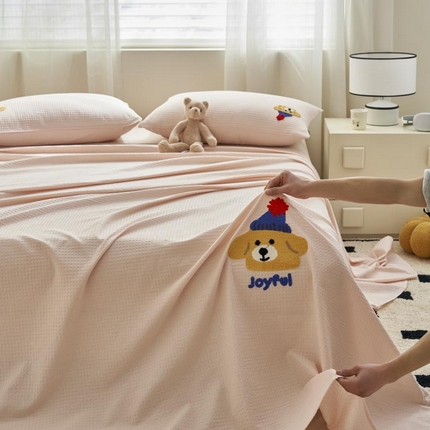 寐绸家纺 2025新款纯棉华夫格毛巾绣单床单 绣花华夫格床单-浅粉