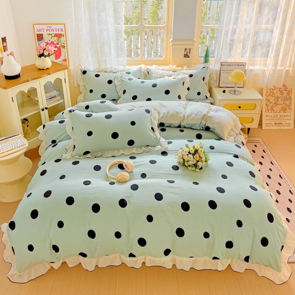 91家纺网 家纺一手货源 找家纺 2025新款高克重立体臻棉法式韩版毛巾绣四件套-波尔卡 波尔卡-浅绿