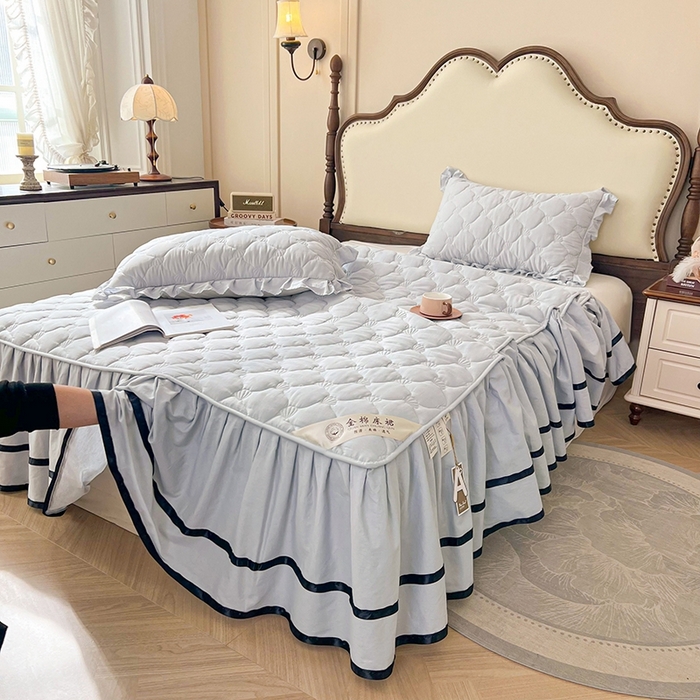 91家纺网 家纺一手货源 找家纺 笠裙2025新款纯棉防水隔尿夹棉加厚床裙-贝壳系列 贝壳冰川灰