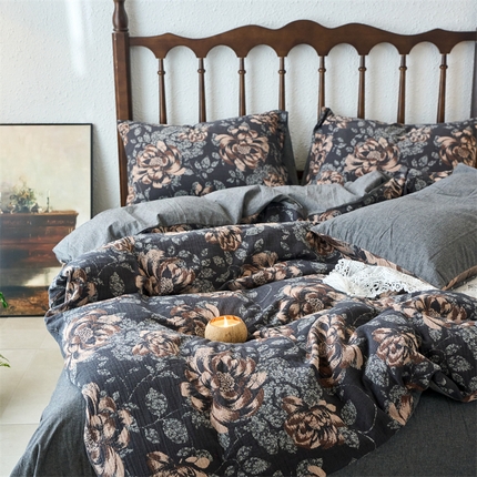 91家纺网 家纺一手货源 找家纺 （总）兰紫橙 2025新款A类全棉色织提花双层纱四件套